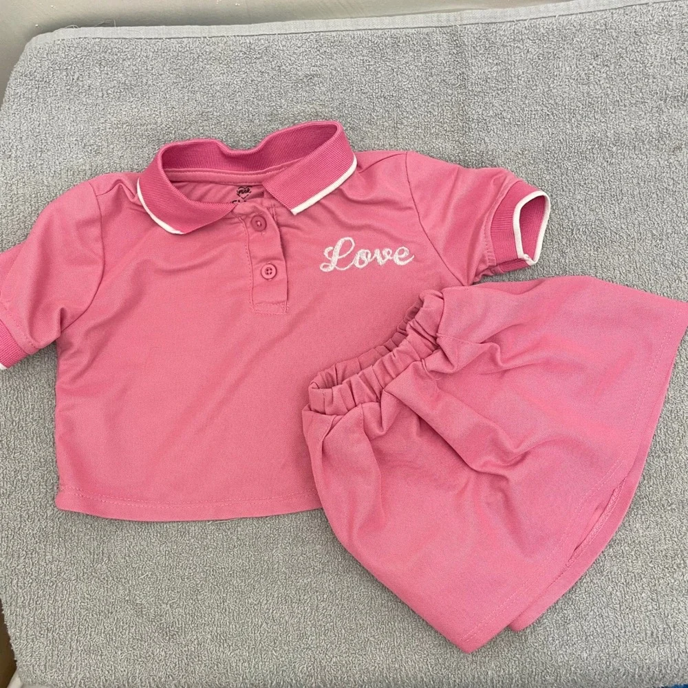 Pink Velvet Girls Pink Polo Shirt and‎ Skort 2 Piece Set Love Embroidery